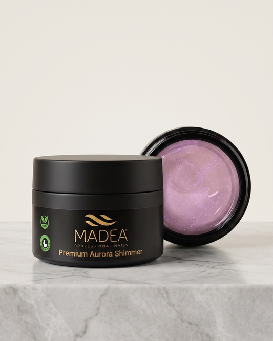 Gel costruttore Premium Aurora Shimmer Madea da 50 ml, tonalità rosa glitterato, autolivellante a densità medio/alta