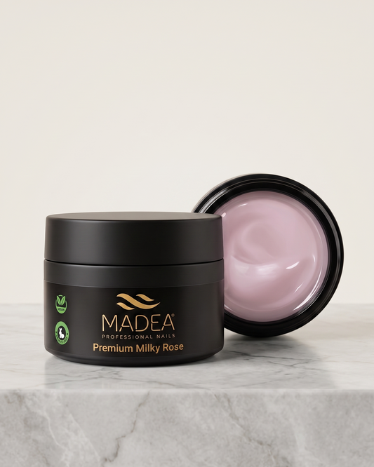 Gel costruttore Premium Milky Rose Madea da 50 ml, tonalità bianco leggermente rosato, autolivellante a densità medio/alta