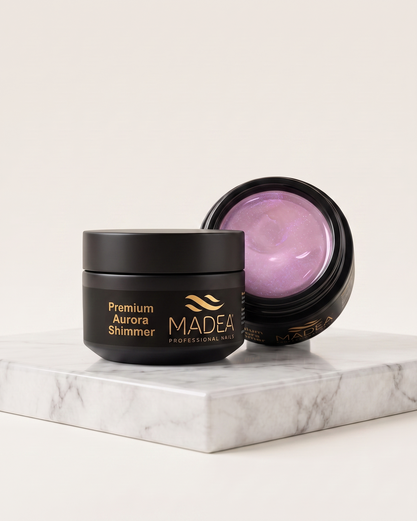 Gel costruttore Premium Aurora Shimmer Madea da 15 ml, tonalità rosa glitterato, autolivellante a densità medio/alta