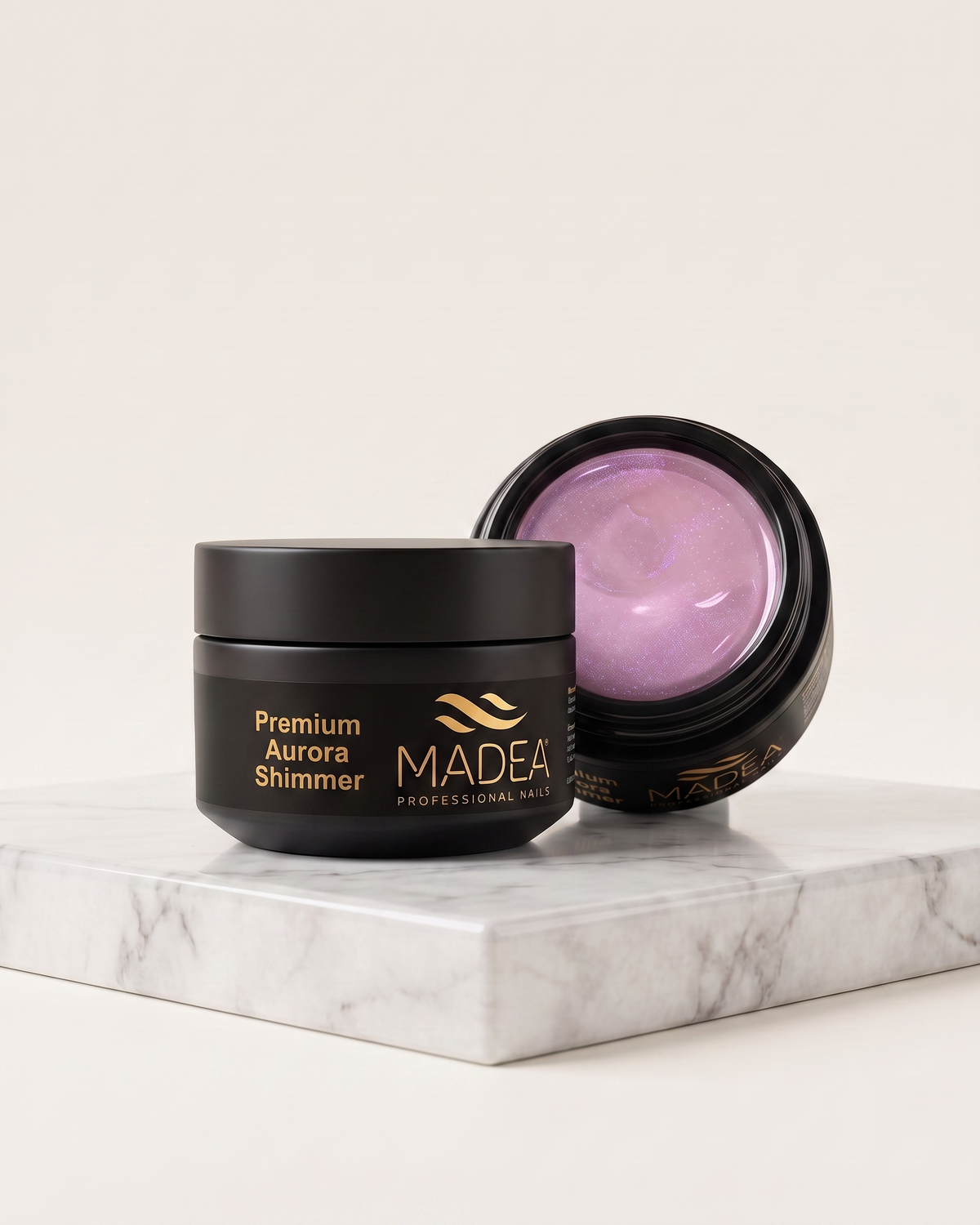 Gel costruttore Premium Aurora Shimmer Madea da 15 ml, tonalità rosa glitterato, autolivellante a densità medio/alta