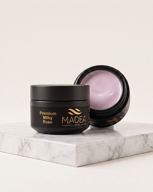Gel costruttore Premium Milky Rose Madea da 15 ml, tonalità bianco leggermente rosato, autolivellante a densità medio/alta